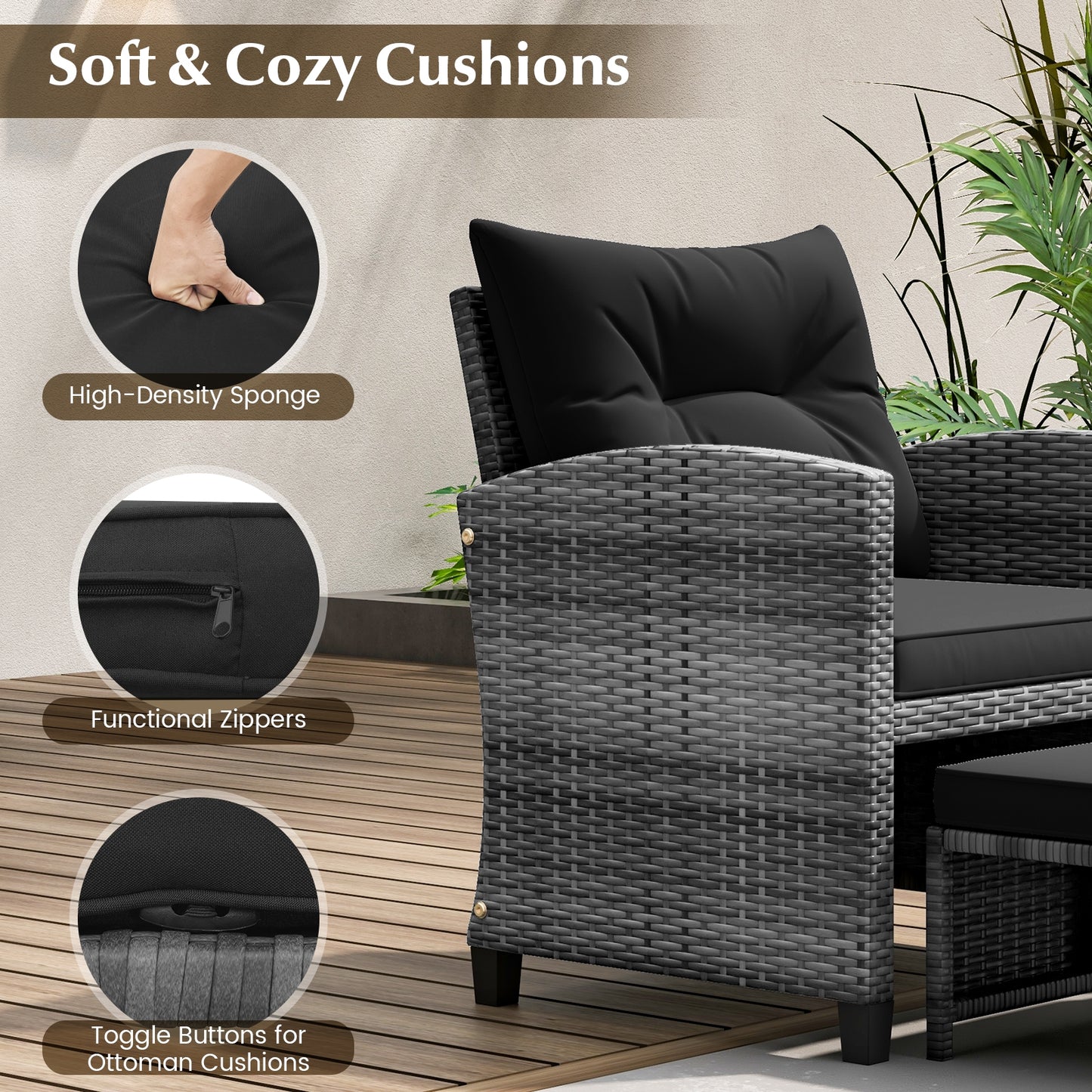 5 Piece Patio Rattan Furniture with 2 Ottomans and Tempered Glass Coffee Table-Black, fully assembled
