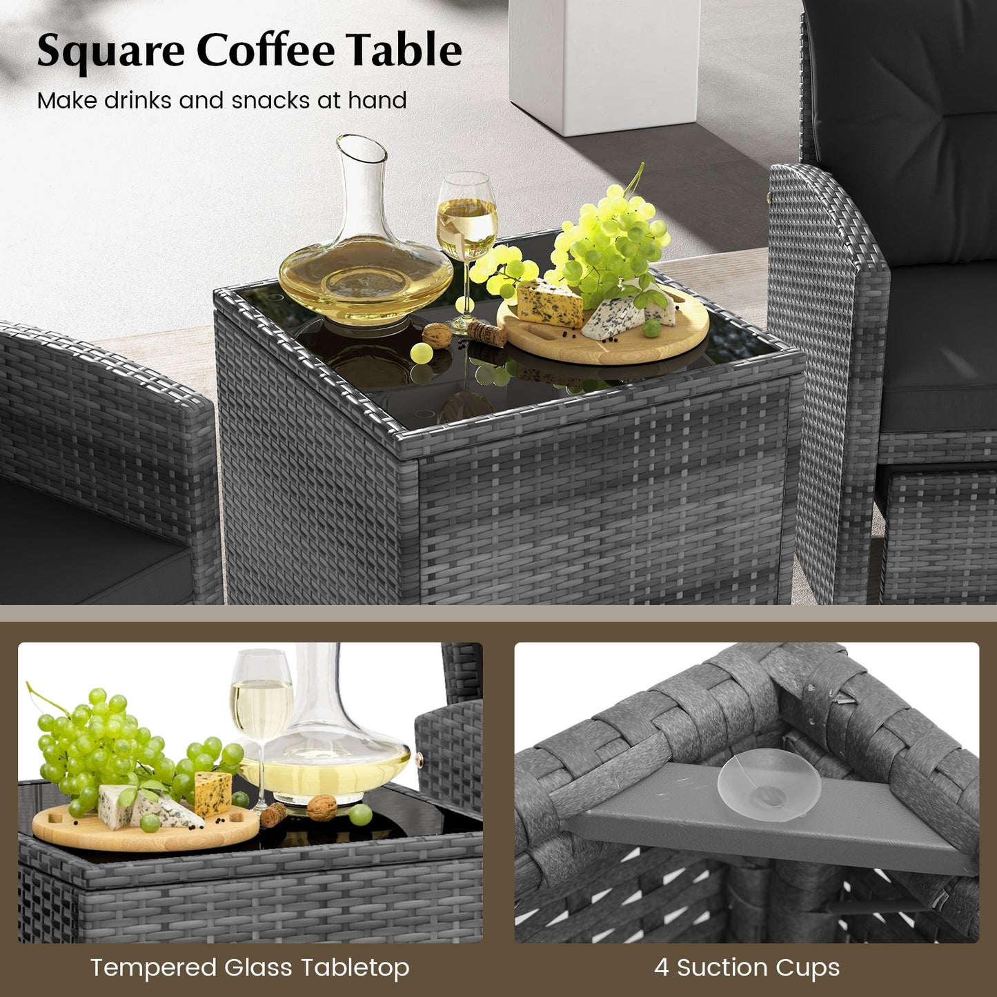 5 Piece Patio Rattan Furniture with 2 Ottomans and Tempered Glass Coffee Table-Black, fully assembled