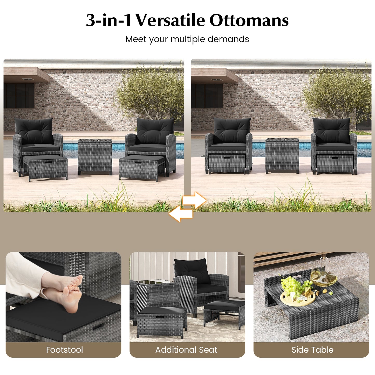 5 Piece Patio Rattan Furniture with 2 Ottomans and Tempered Glass Coffee Table-Black, fully assembled