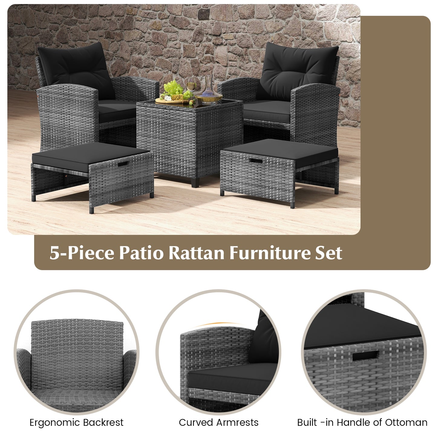 5 Piece Patio Rattan Furniture with 2 Ottomans and Tempered Glass Coffee Table-Black, fully assembled