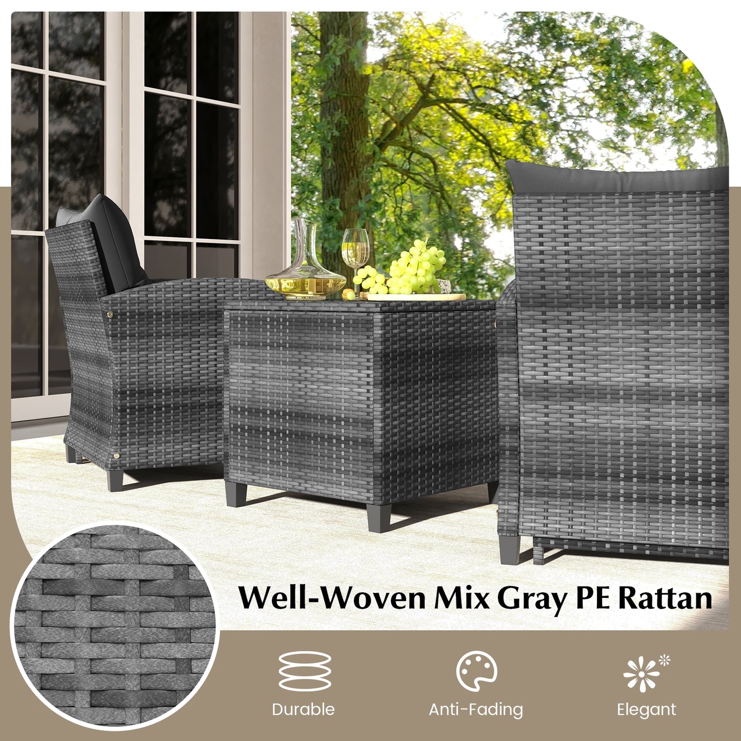5 Piece Patio Rattan Furniture with 2 Ottomans and Tempered Glass Coffee Table-Black, fully assembled
