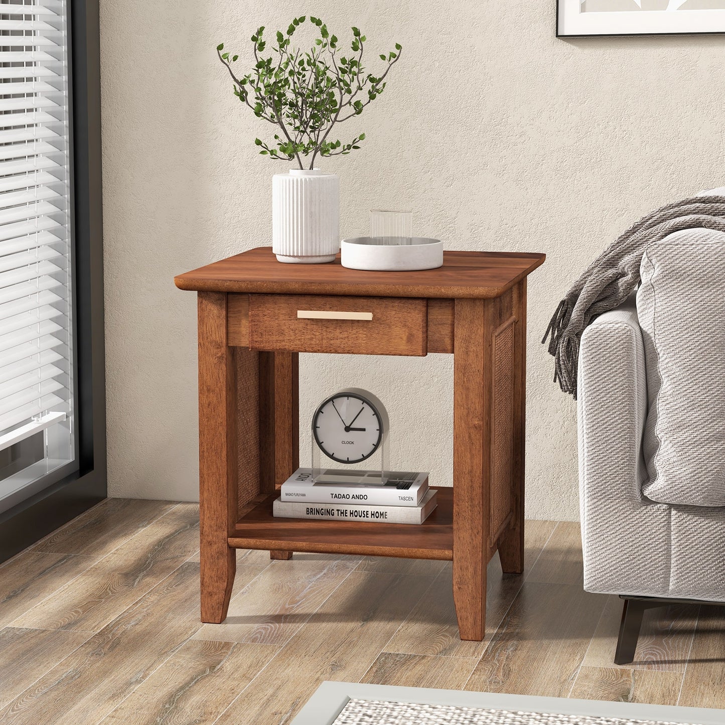 Rattan Nightstand End Table with Drawer and Storage Shelf-Walnut, FULLY ASSSEMBLED