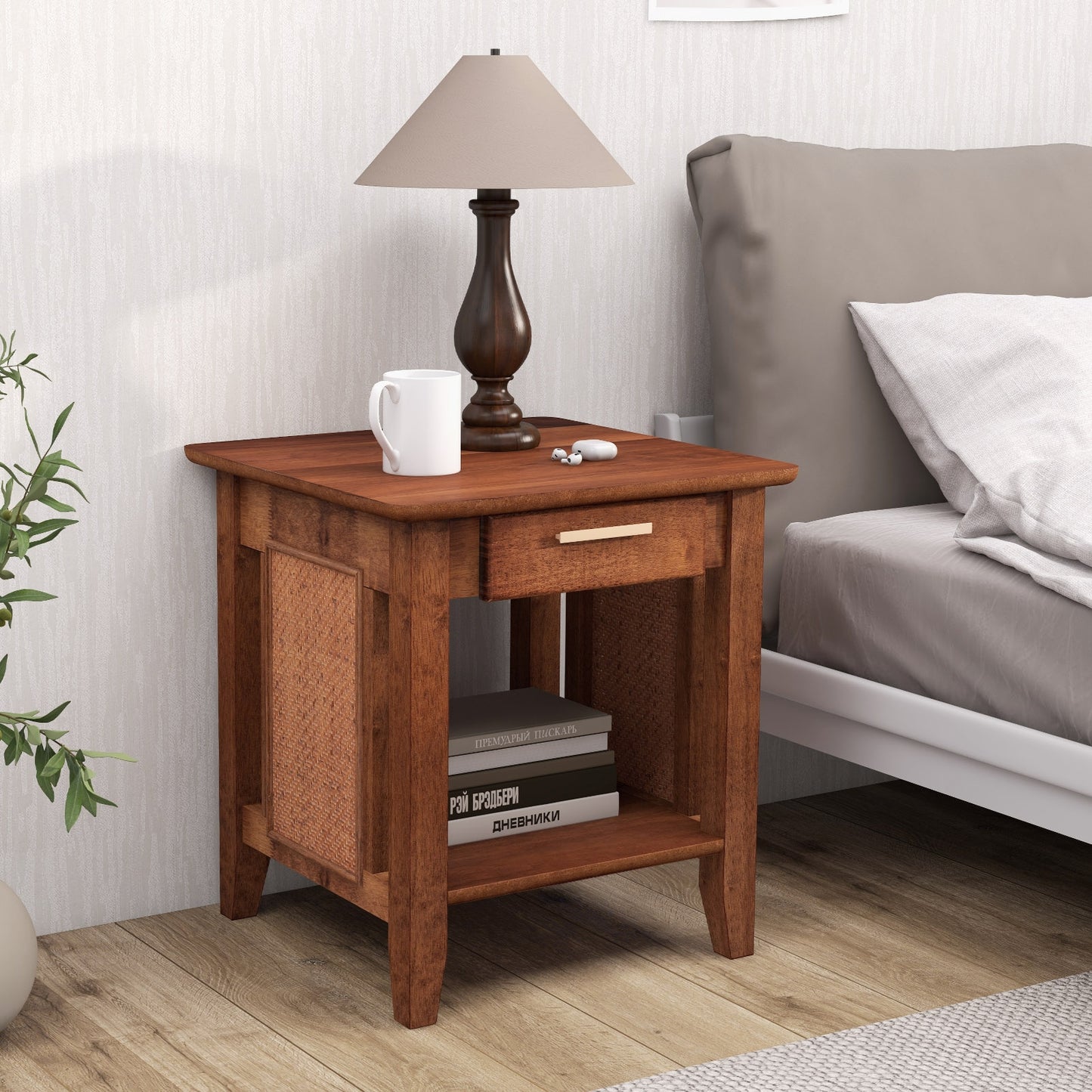 Rattan Nightstand End Table with Drawer and Storage Shelf-Walnut, FULLY ASSSEMBLED