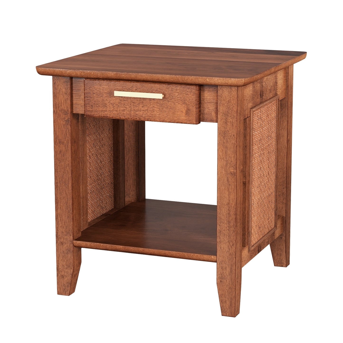 Rattan Nightstand End Table with Drawer and Storage Shelf-Walnut, FULLY ASSSEMBLED