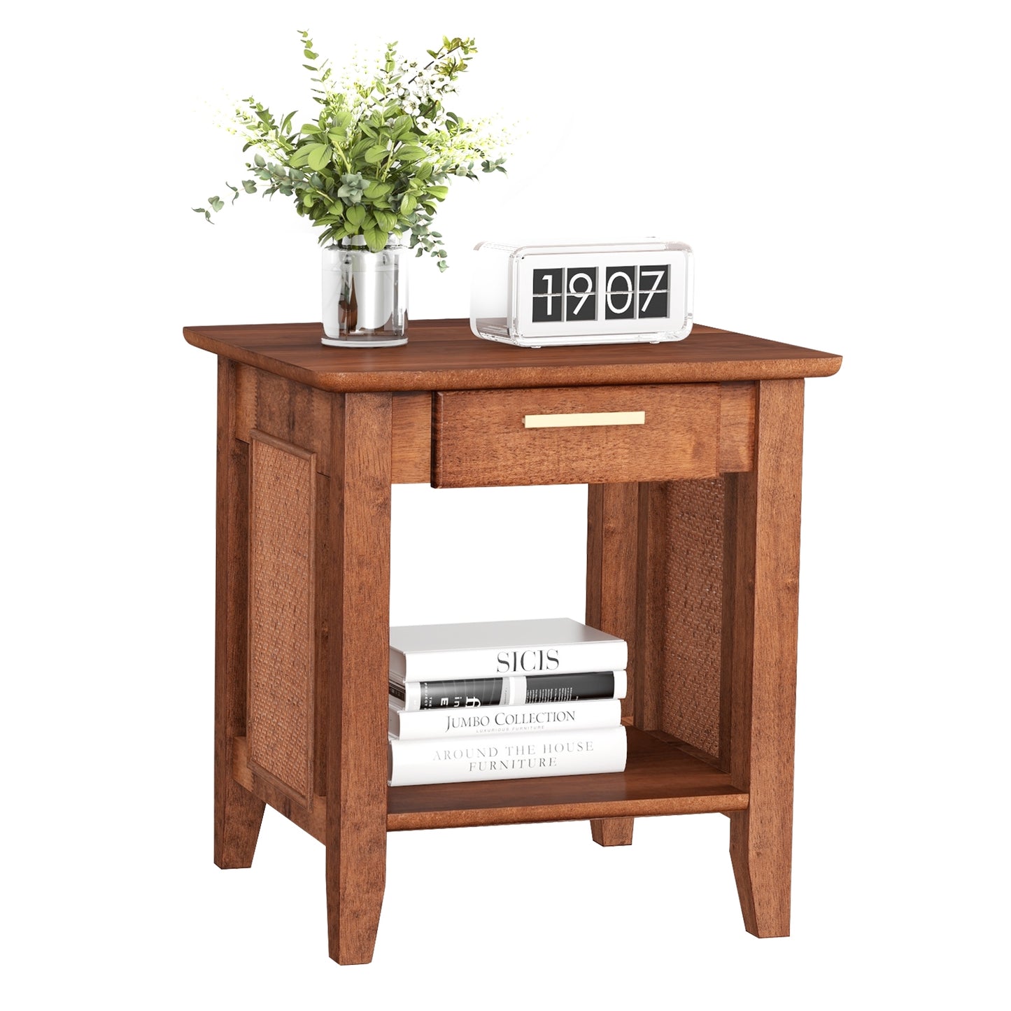 Rattan Nightstand End Table with Drawer and Storage Shelf-Walnut, FULLY ASSSEMBLED
