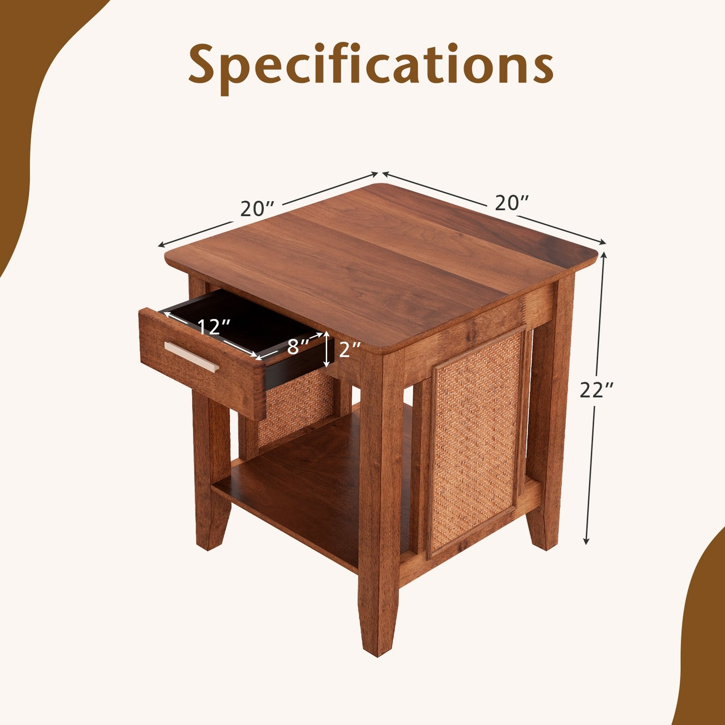 Rattan Nightstand End Table with Drawer and Storage Shelf-Walnut, FULLY ASSSEMBLED