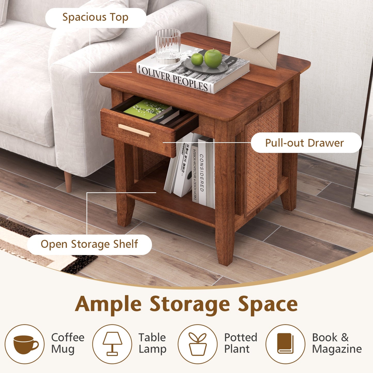 Rattan Nightstand End Table with Drawer and Storage Shelf-Walnut, FULLY ASSSEMBLED
