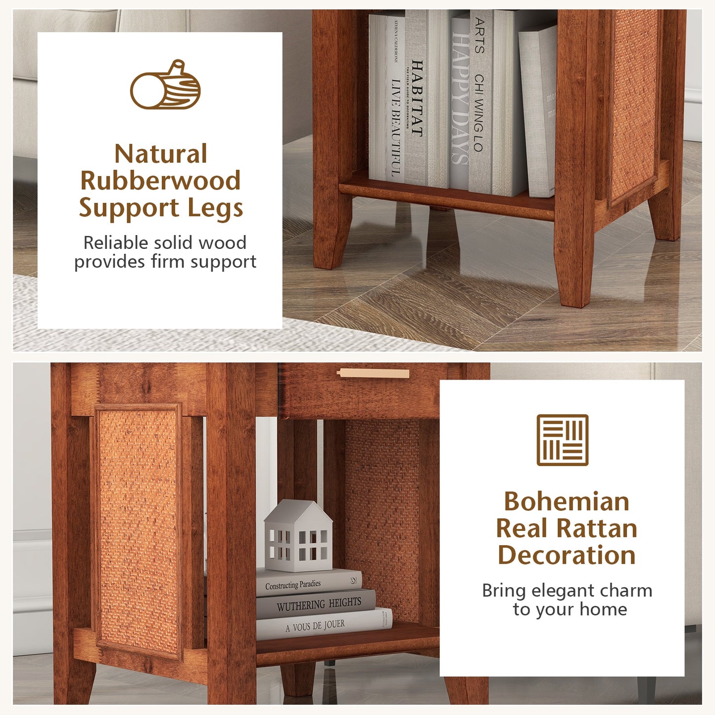 Rattan Nightstand End Table with Drawer and Storage Shelf-Walnut, FULLY ASSSEMBLED