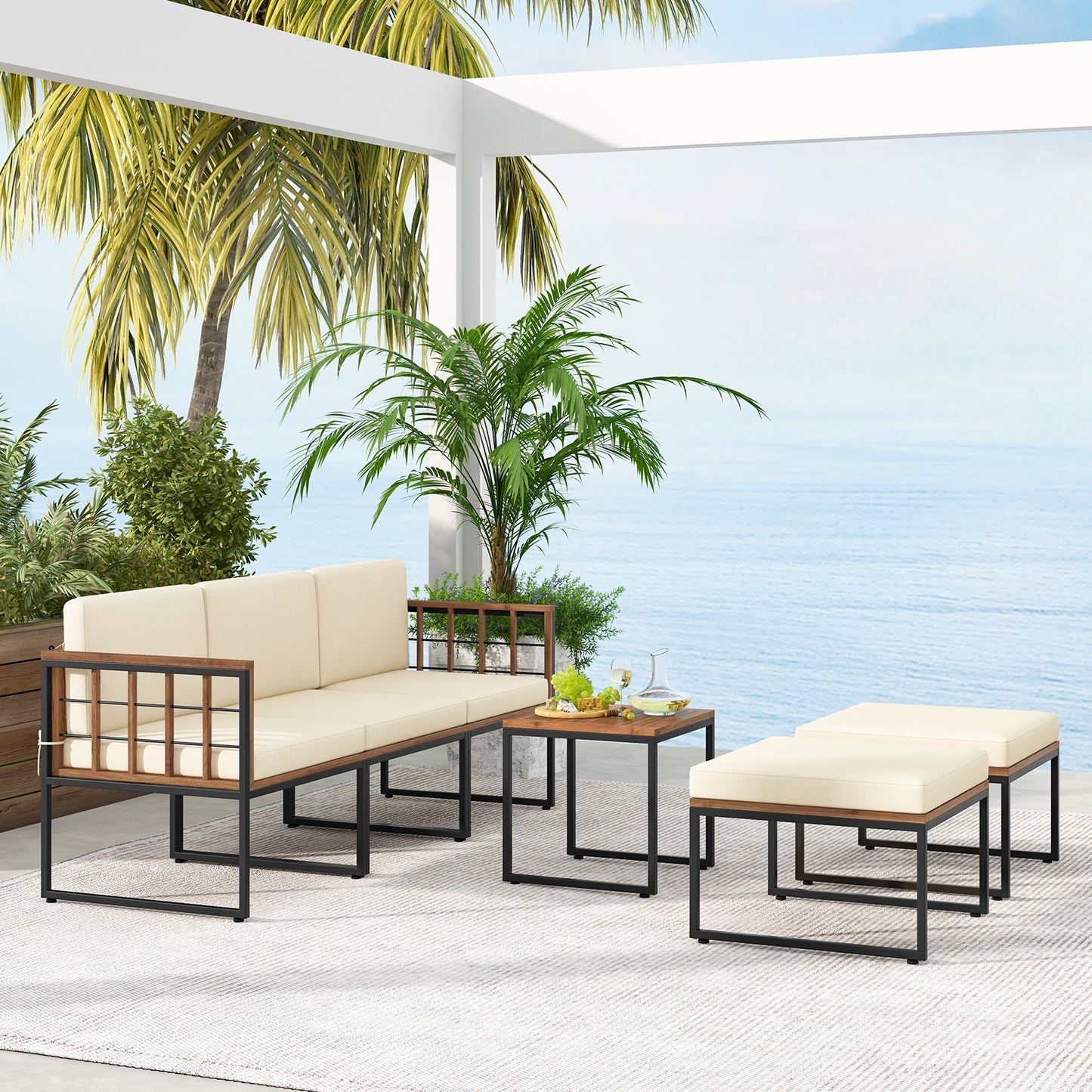 Scratch & Dent Special, 6 Pieces Acacia Wood Patio Furniture Set, Beige, Fully Assembled