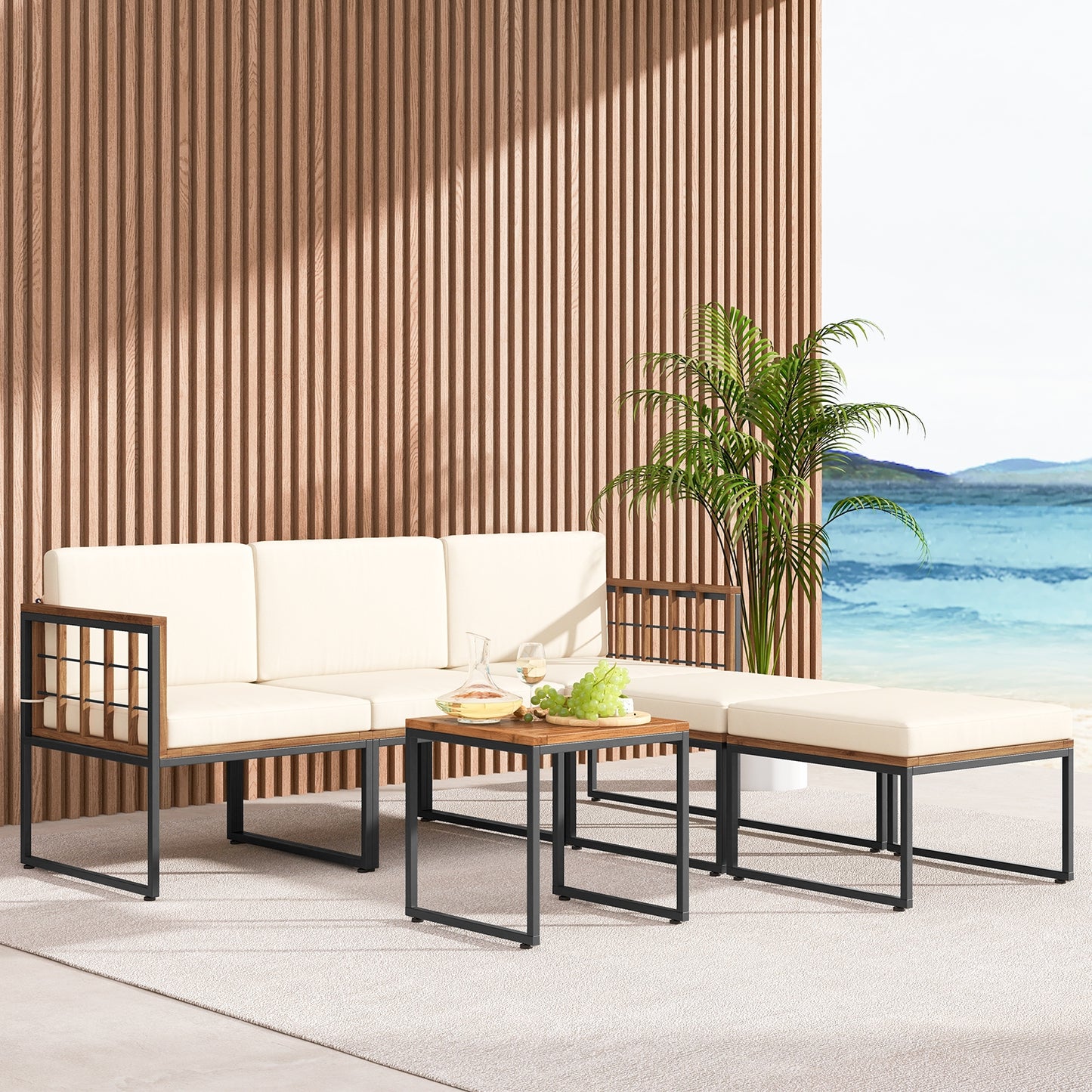 Scratch & Dent Special, 6 Pieces Acacia Wood Patio Furniture Set, Beige, Fully Assembled