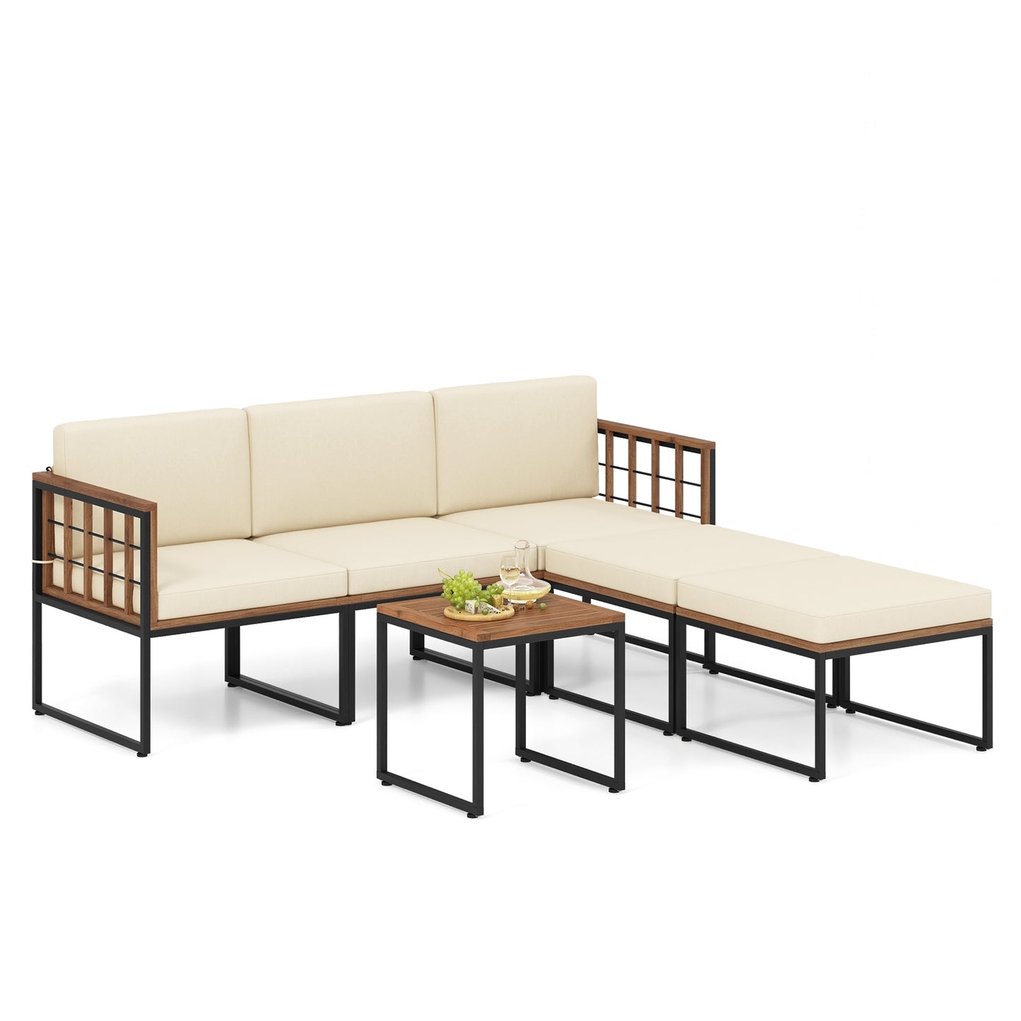Scratch & Dent Special, 6 Pieces Acacia Wood Patio Furniture Set, Beige, Fully Assembled