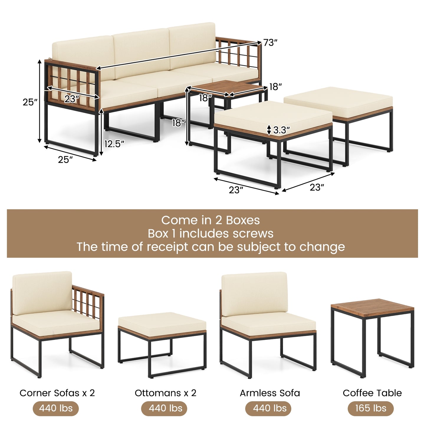 Scratch & Dent Special, 6 Pieces Acacia Wood Patio Furniture Set, Beige, Fully Assembled