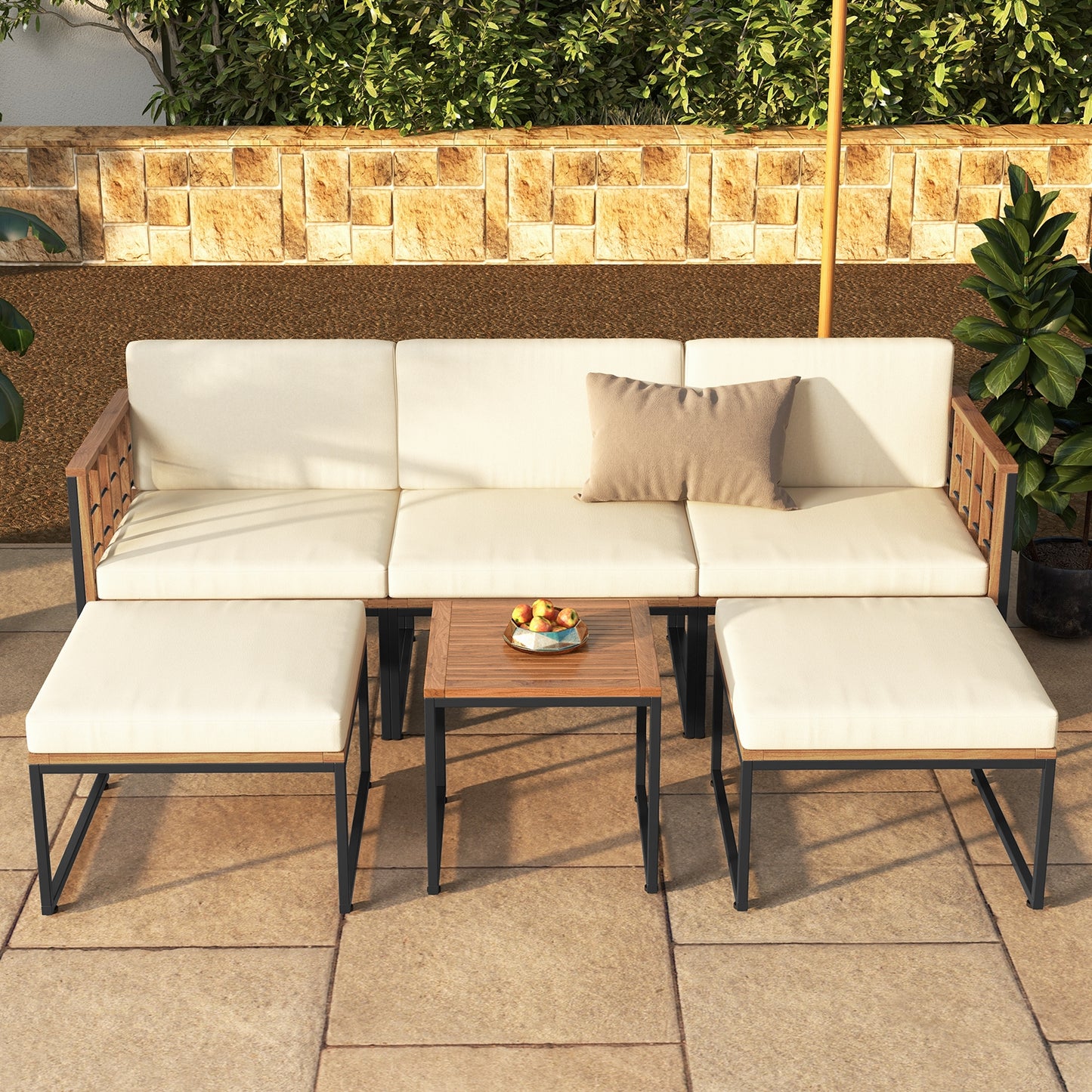 Scratch & Dent Special, 6 Pieces Acacia Wood Patio Furniture Set, Beige, Fully Assembled