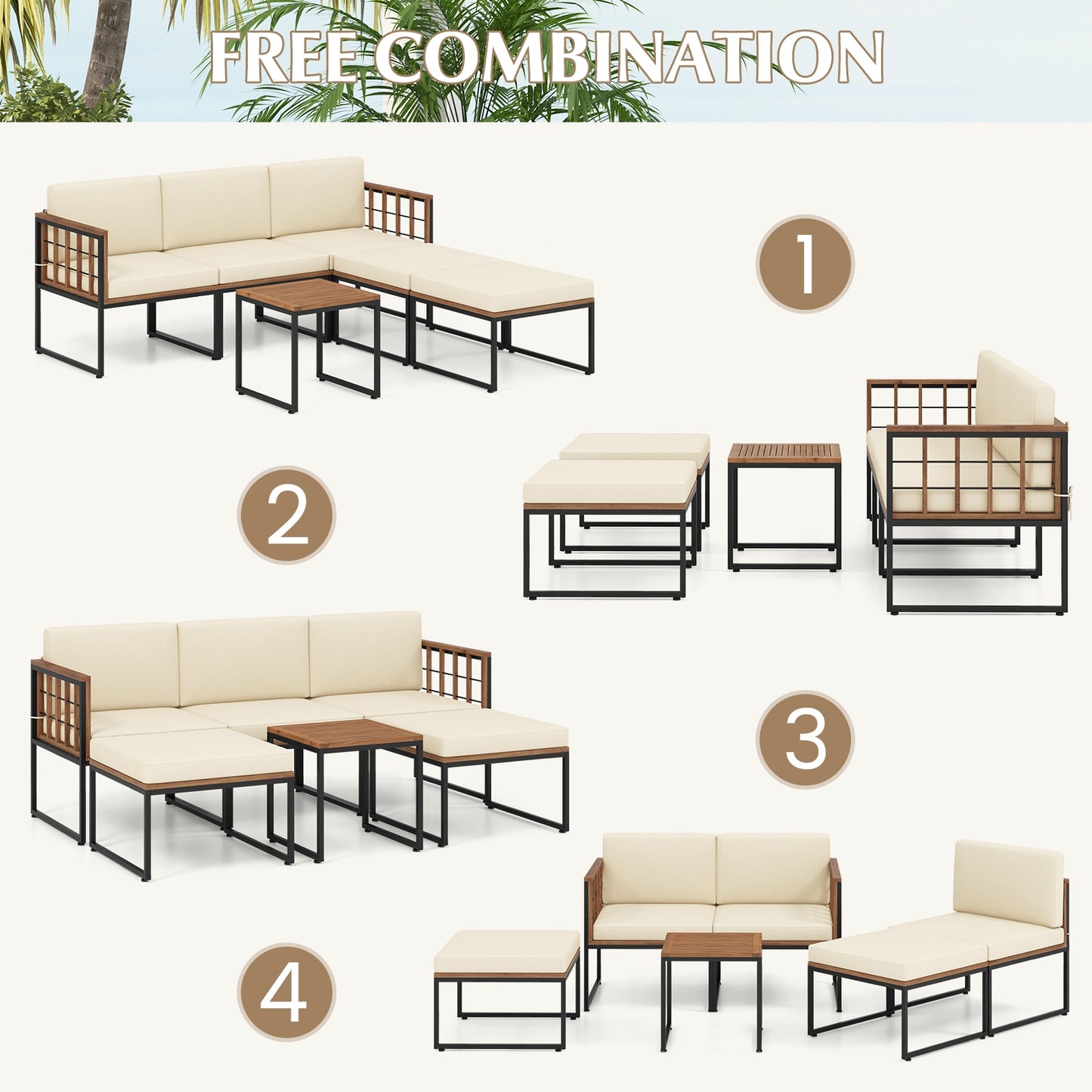Scratch & Dent Special, 6 Pieces Acacia Wood Patio Furniture Set, Beige, Fully Assembled