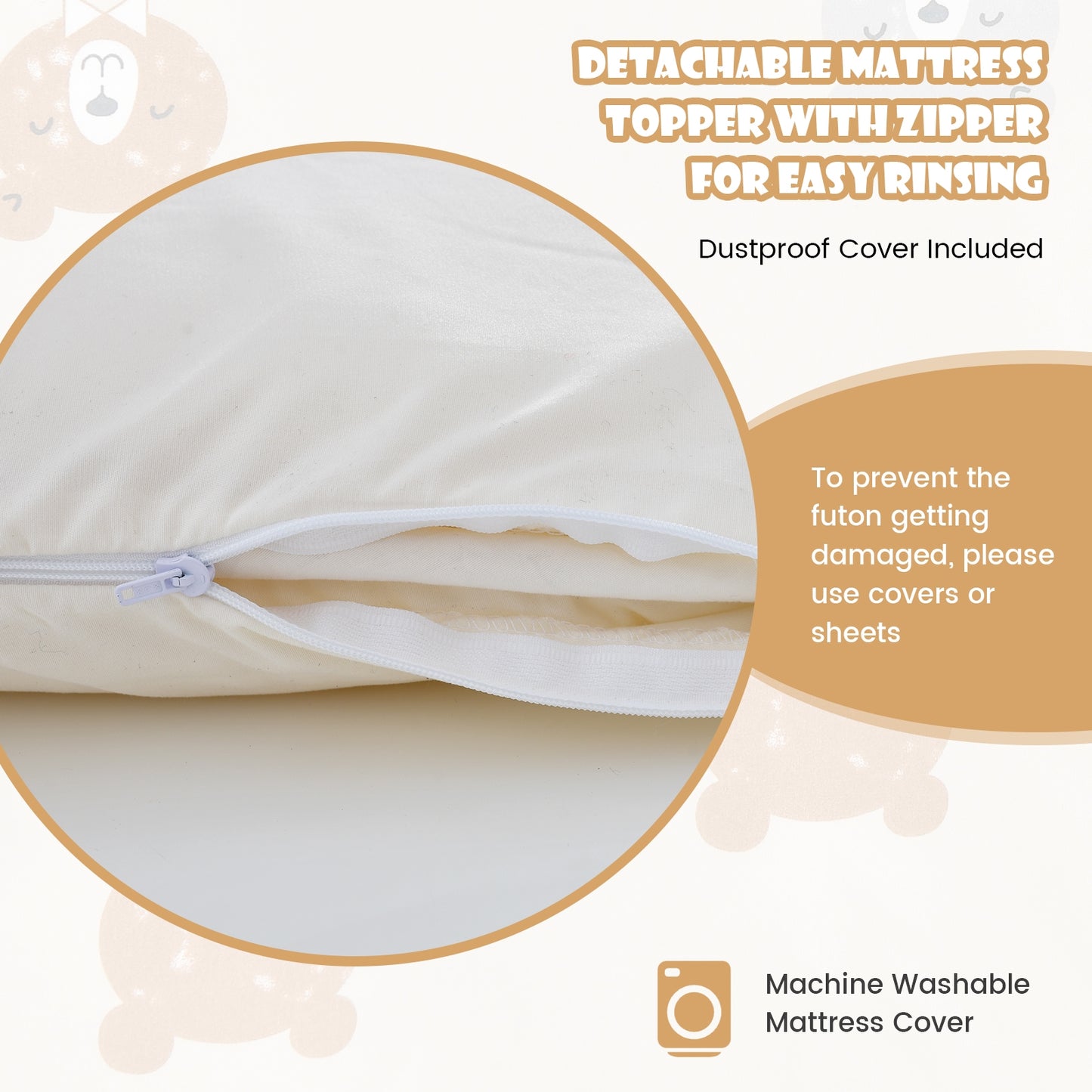 King Size - Full Futon Mattress Floor Sleeping Pad with Washable Cover Beige