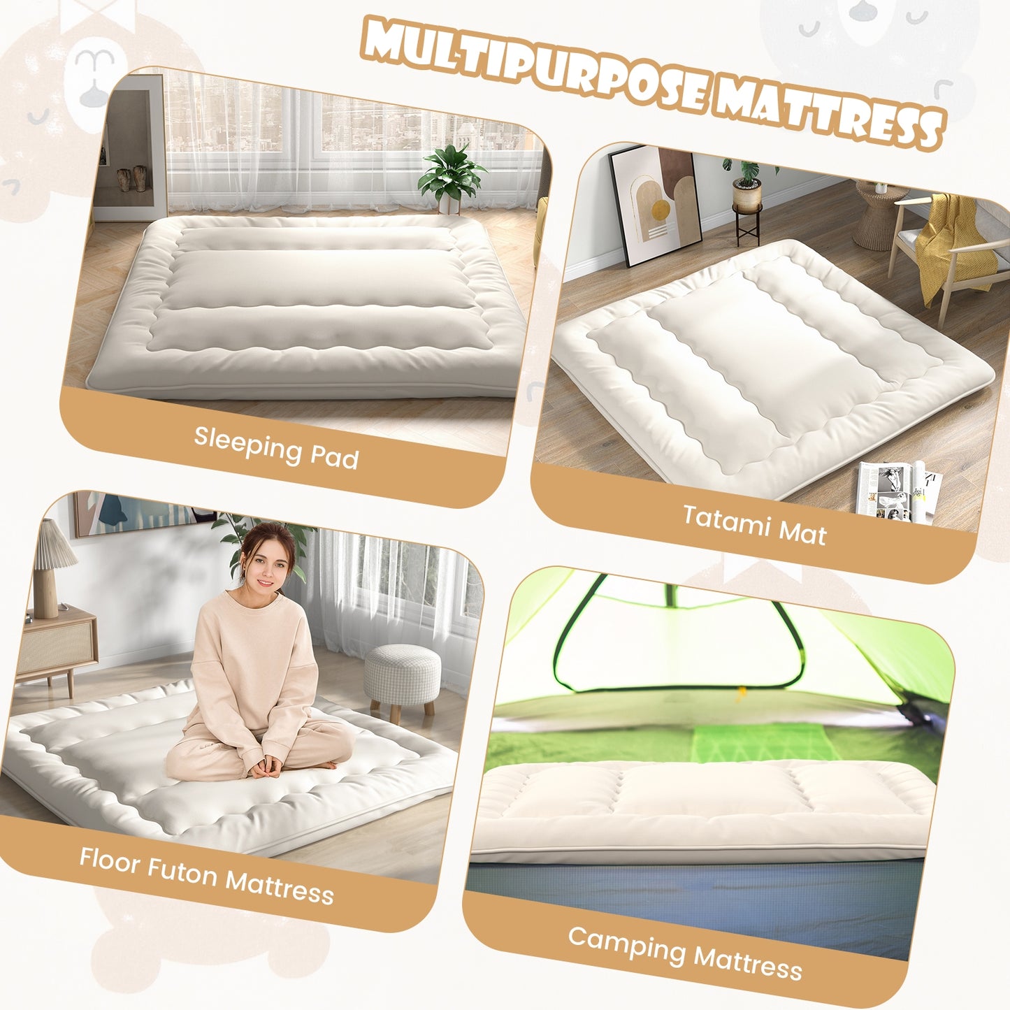King Size - Full Futon Mattress Floor Sleeping Pad with Washable Cover Beige
