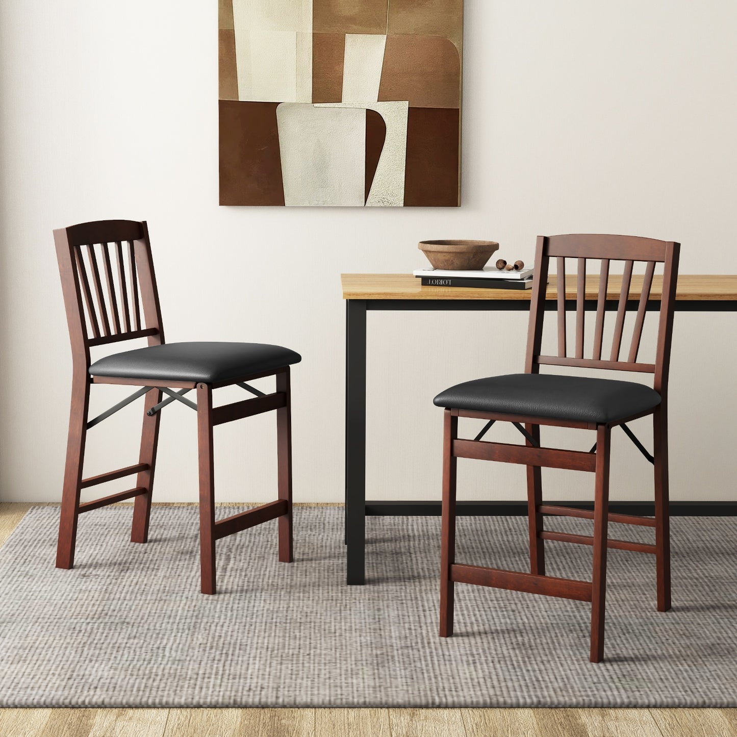 Set of 2, Counter Height Chairs Folding Kitchen Island Stool with Padded Seat-Brown