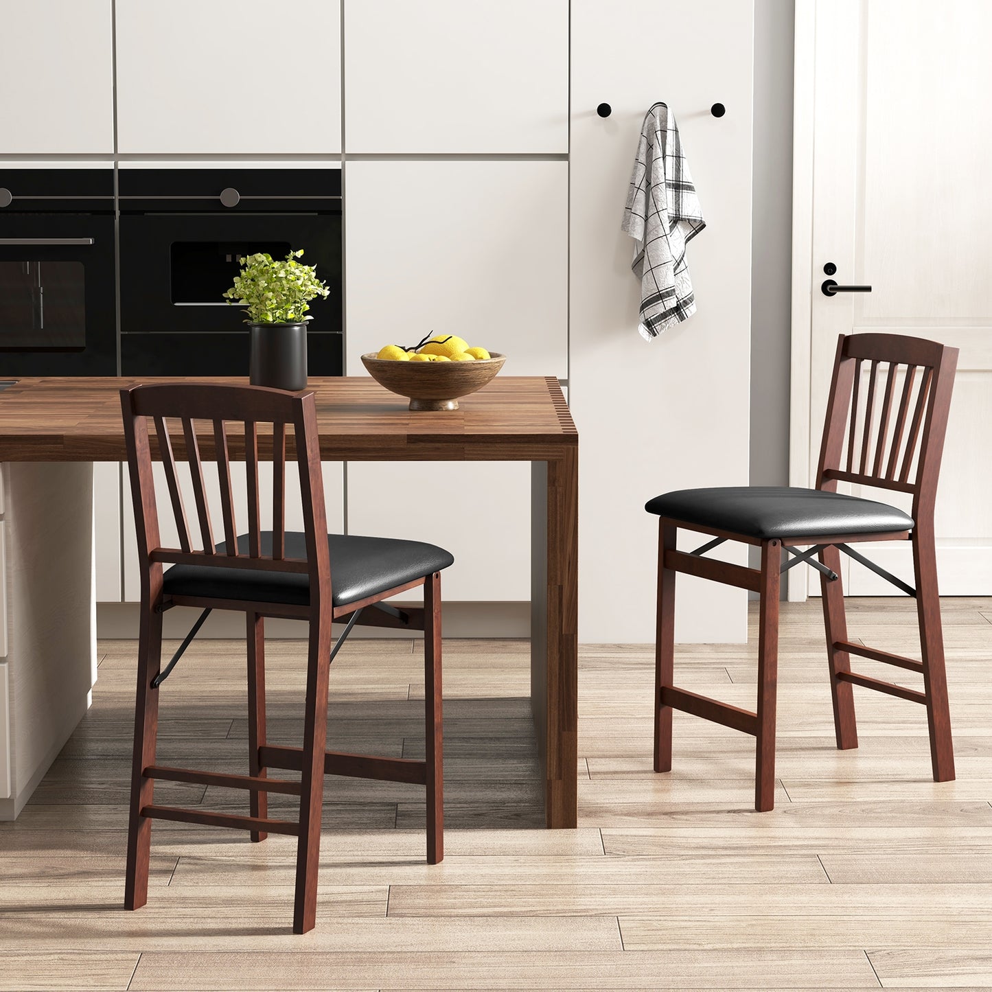 Set of 2, Counter Height Chairs Folding Kitchen Island Stool with Padded Seat-Brown