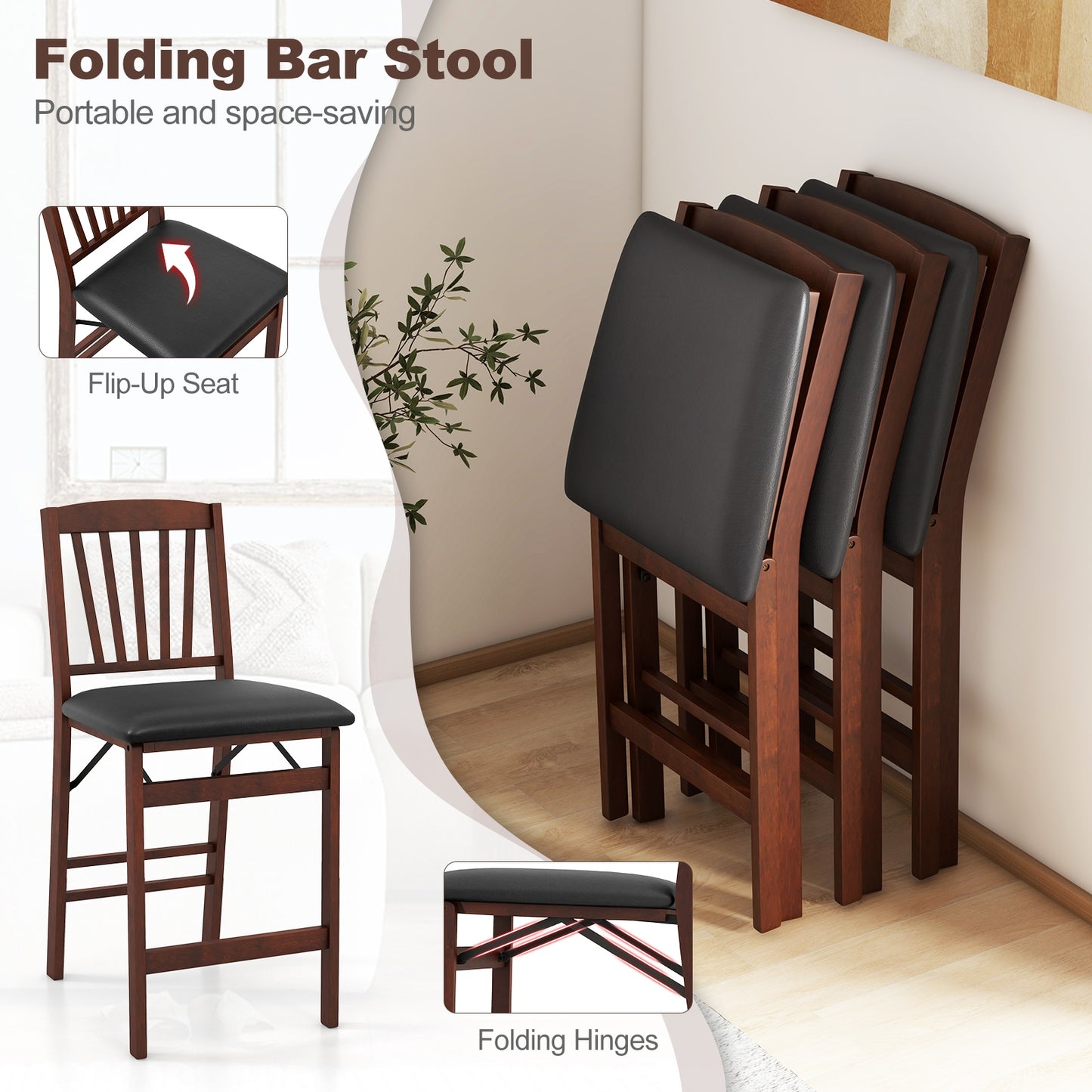 Set of 2, Counter Height Chairs Folding Kitchen Island Stool with Padded Seat-Brown