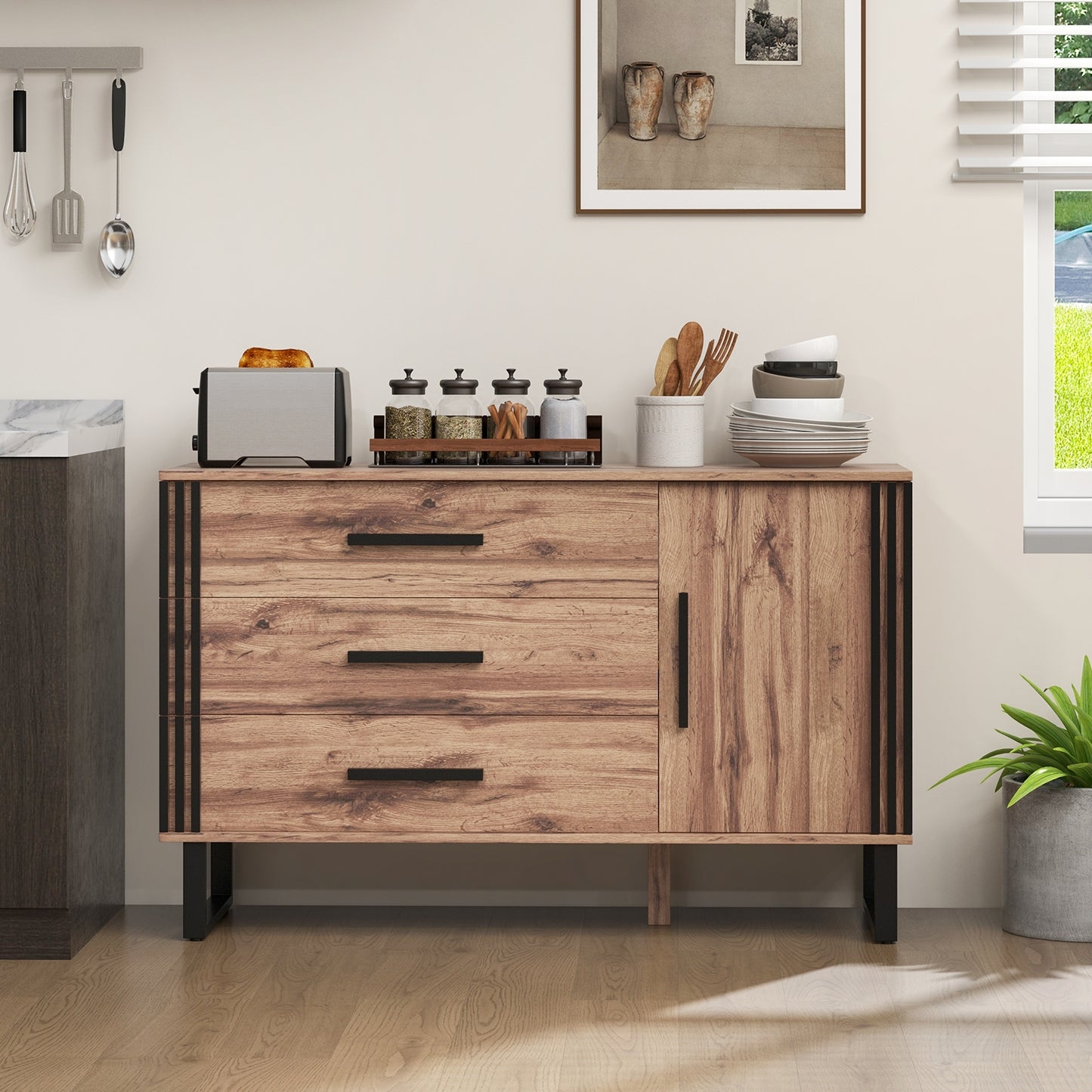 Sideboard Buffet Cabinet Credenza Storage Cabinet -Rustic Brown,(Scratch and Dent) (Fully Assembled)