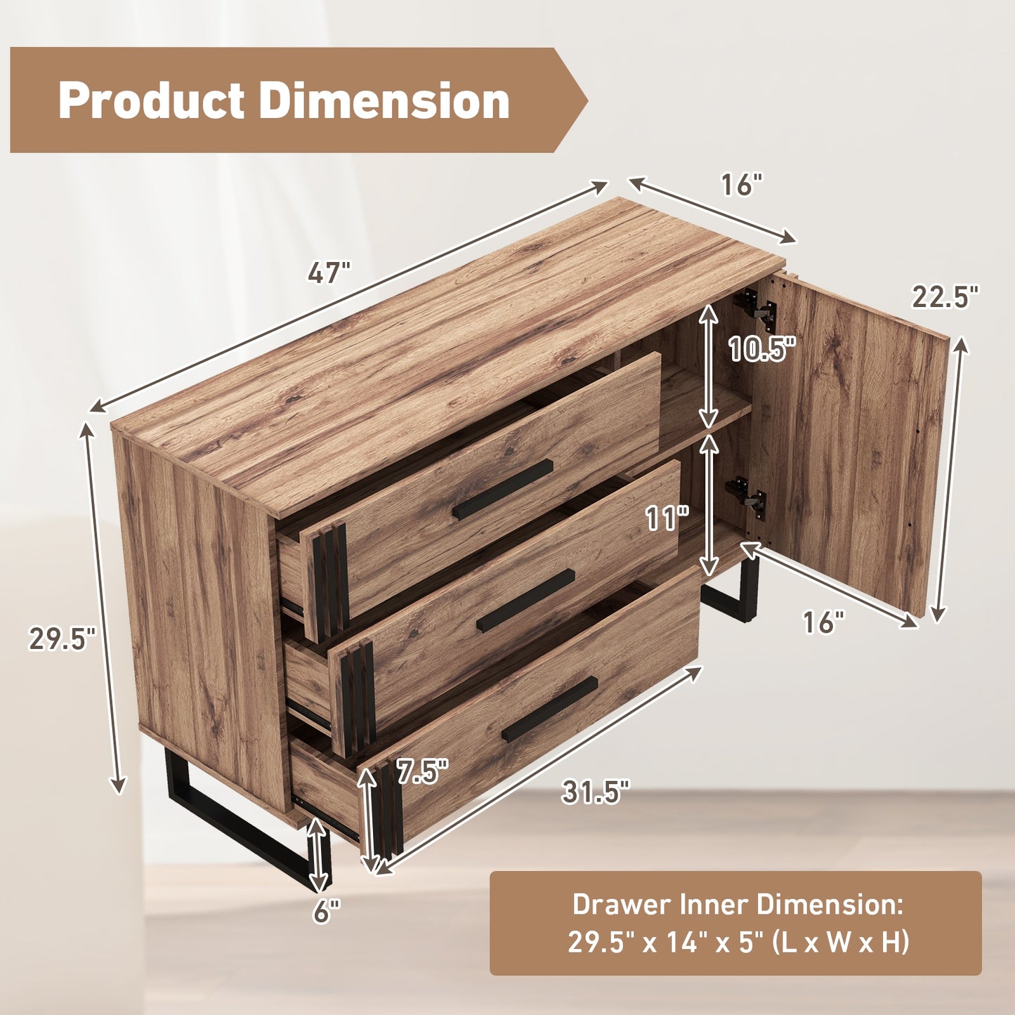 Sideboard Buffet Cabinet Credenza Storage Cabinet -Rustic Brown,(Scratch and Dent) (Fully Assembled)