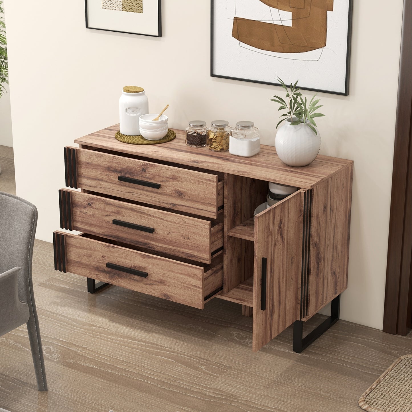 Sideboard Buffet Cabinet Credenza Storage Cabinet -Rustic Brown,(Scratch and Dent) (Fully Assembled)