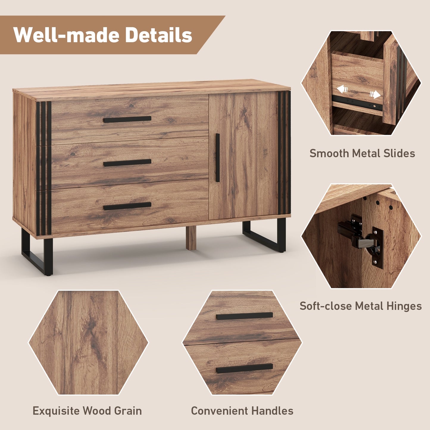 Sideboard Buffet Cabinet Credenza Storage Cabinet -Rustic Brown,(Scratch and Dent) (Fully Assembled)