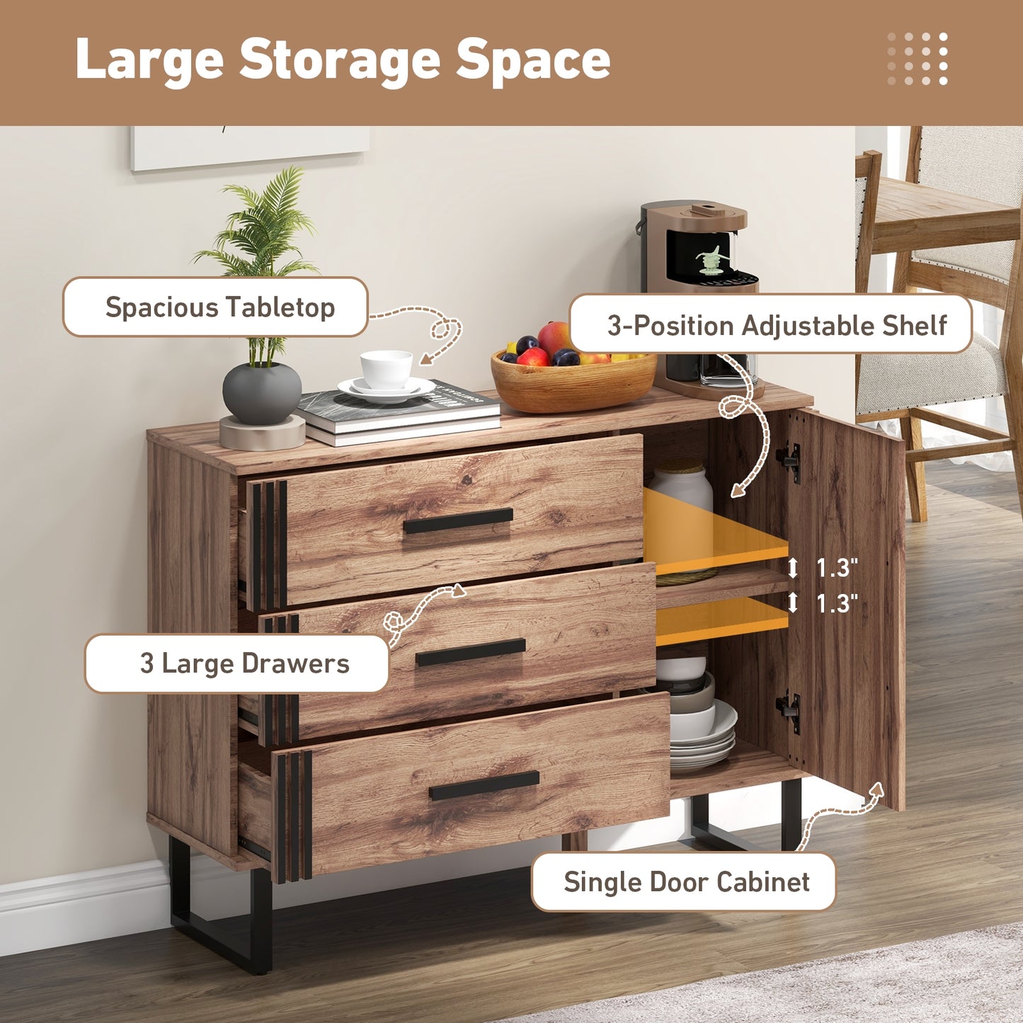Sideboard Buffet Cabinet Credenza Storage Cabinet -Rustic Brown,(Scratch and Dent) (Fully Assembled)