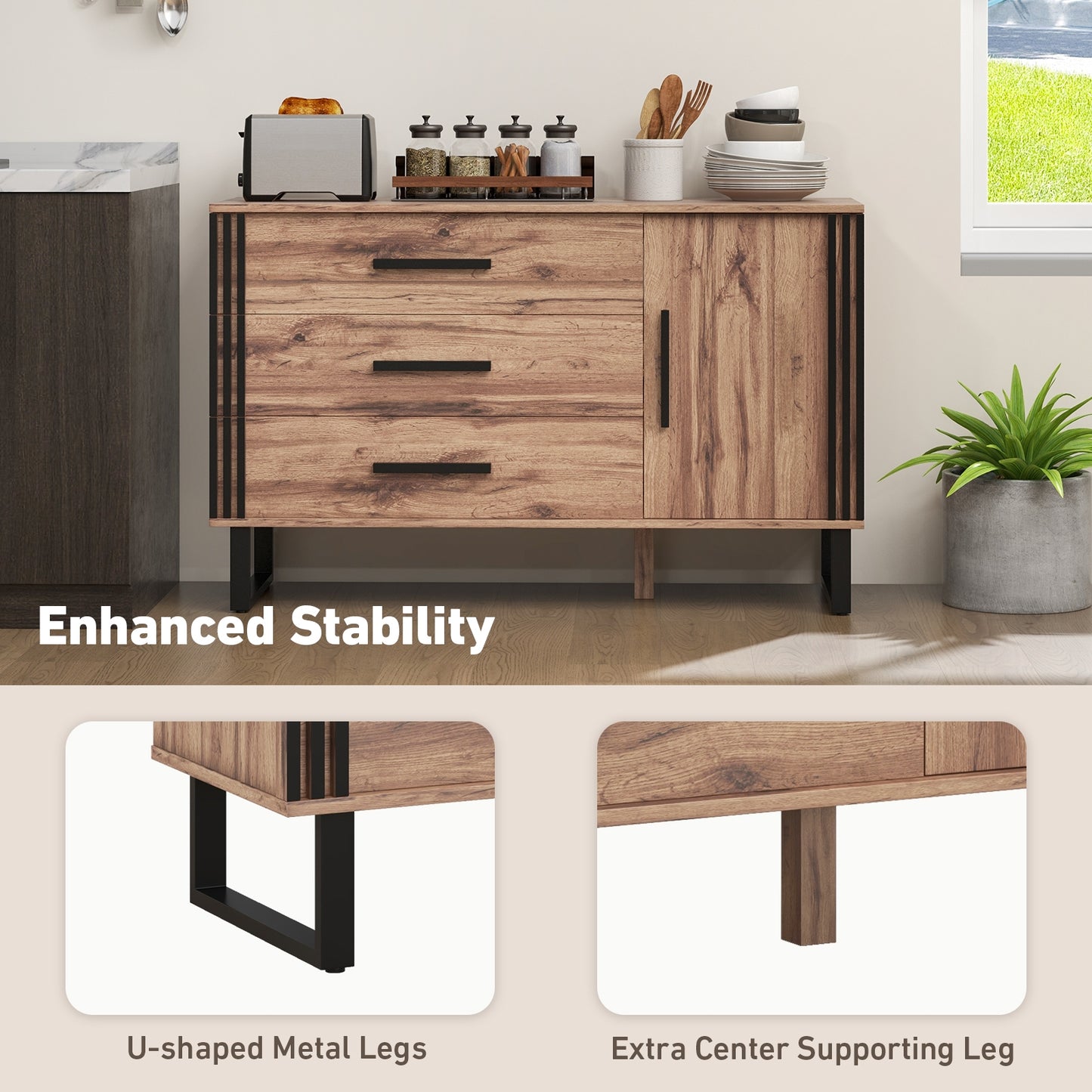 Sideboard Buffet Cabinet Credenza Storage Cabinet -Rustic Brown,(Scratch and Dent) (Fully Assembled)