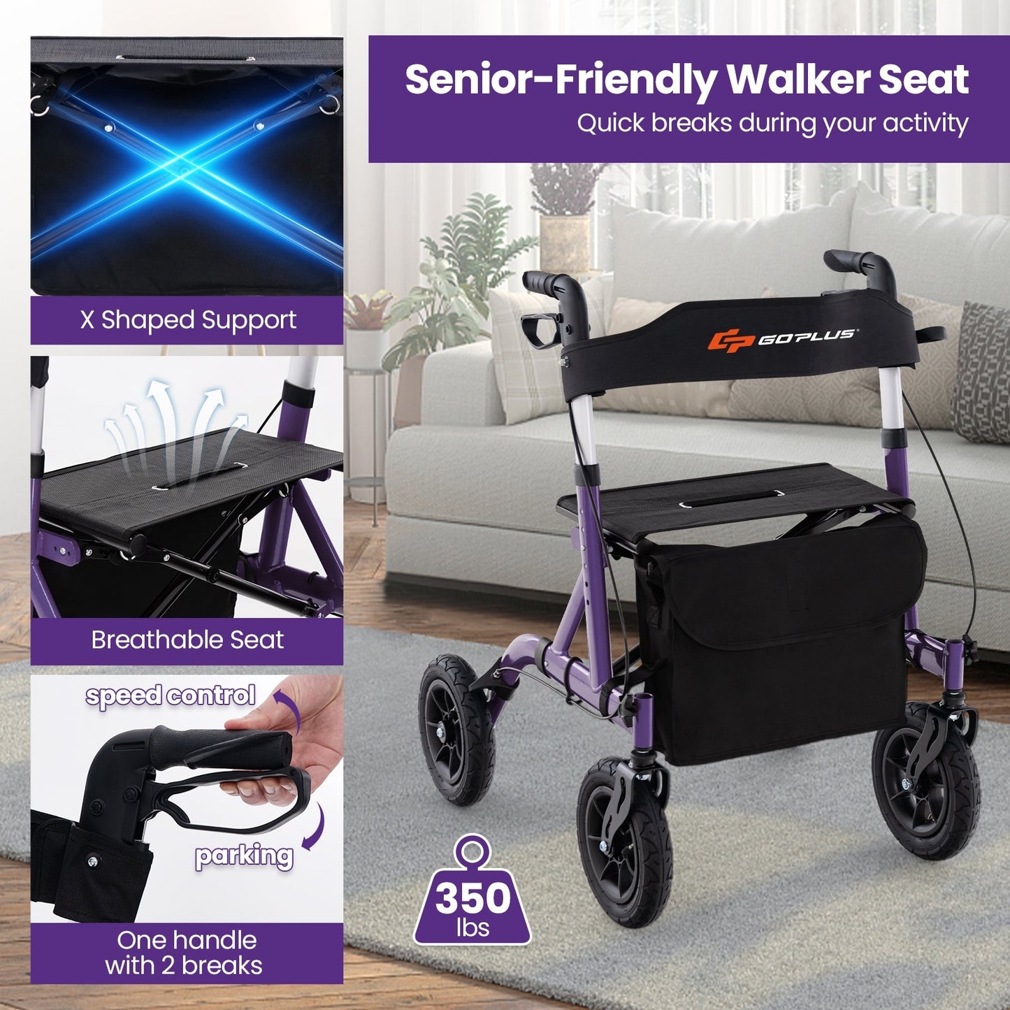 NO TAX, Height Adjustable Rollator Walker Foldable Rolling Walker with Seat for Seniors-Purple