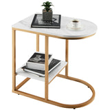 C-shaped Side Table with Faux Marble Tabletop and Golden Steel Frame-White