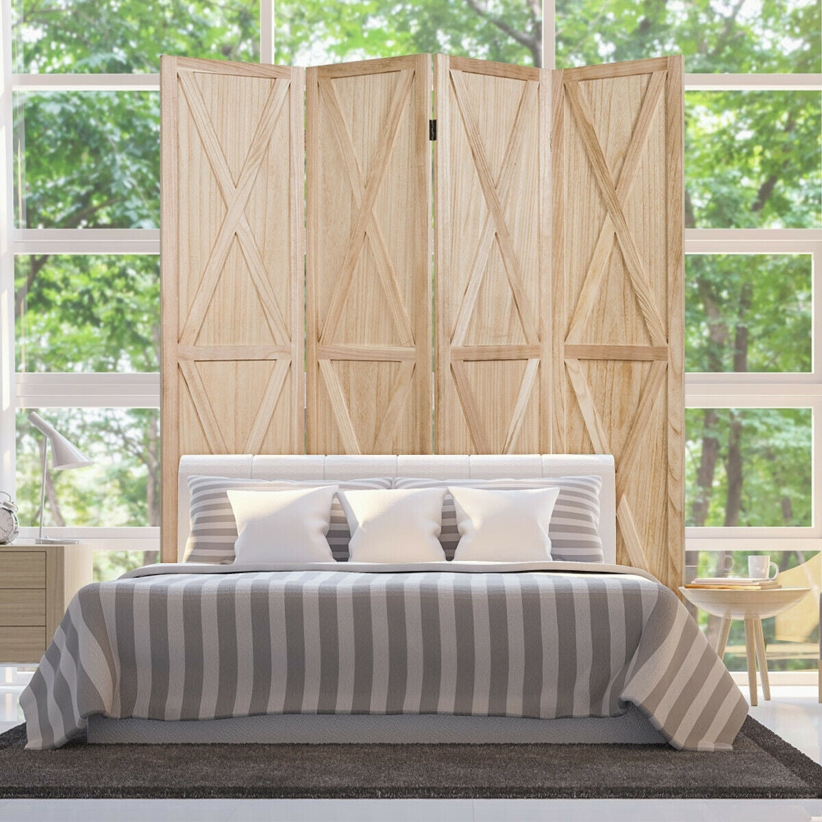 5.6 Ft 4 Panels Folding Wooden Room Divider-Natural