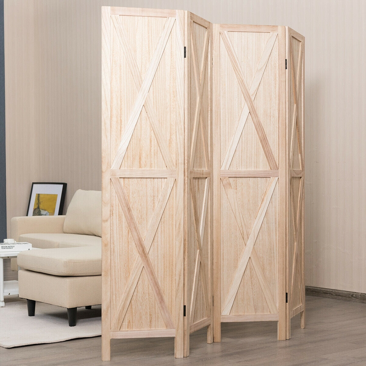 5.6 Ft 4 Panels Folding Wooden Room Divider-Natural