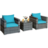 3 Pieces Patio Rattan Furniture Bistro Sofa Set with Cushioned-Turquoise - slight damage