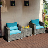 3 Pieces Patio Rattan Furniture Bistro Sofa Set with Cushioned-Turquoise - slight damage