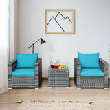 3 Pieces Patio Rattan Furniture Bistro Sofa Set with Cushioned-Turquoise - slight damage