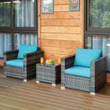 3 Pieces Patio Rattan Furniture Bistro Sofa Set with Cushioned-Turquoise - slight damage