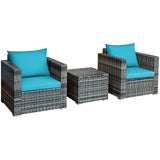 3 Pieces Patio Rattan Furniture Bistro Sofa Set with Cushioned-Turquoise - slight damage