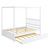 *SPECIAL * - Full Size Canopy Bed with Trundle Wooden Platform Bed Frame Headboard-White (1 Box, Unassembled)