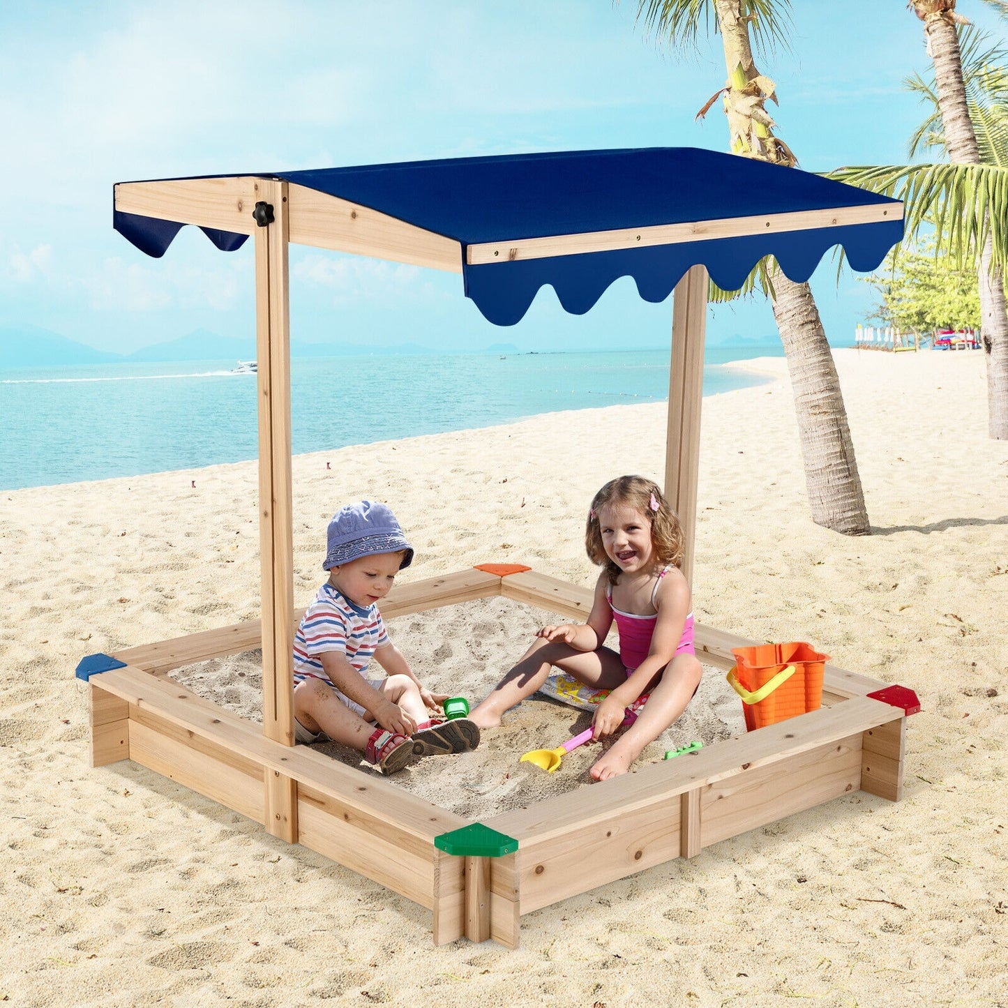 Kids Wooden Sandbox with Height Adjustable and Rotatable Canopy- (Unassembled)