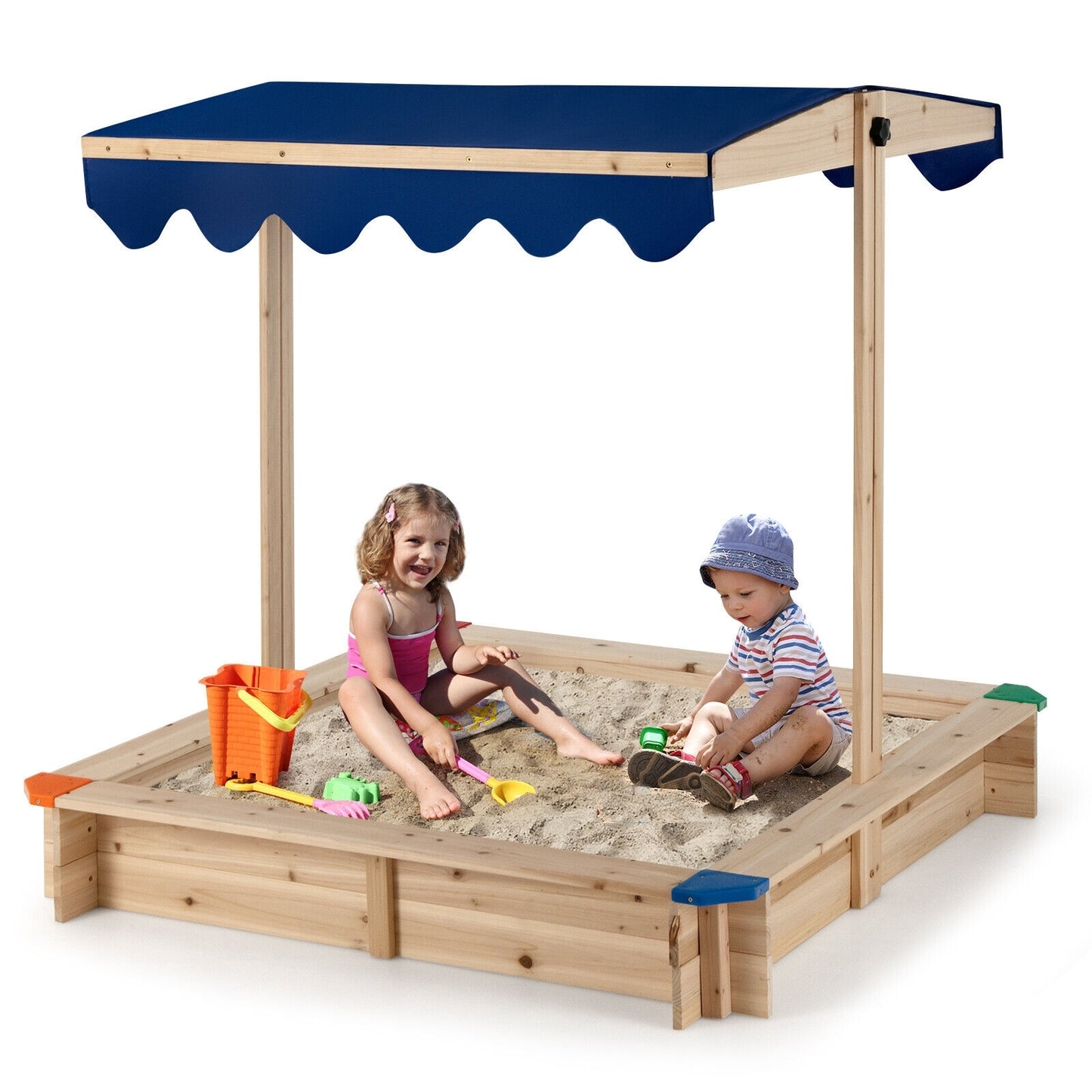 Kids Wooden Sandbox with Height Adjustable and Rotatable Canopy- (Unassembled)