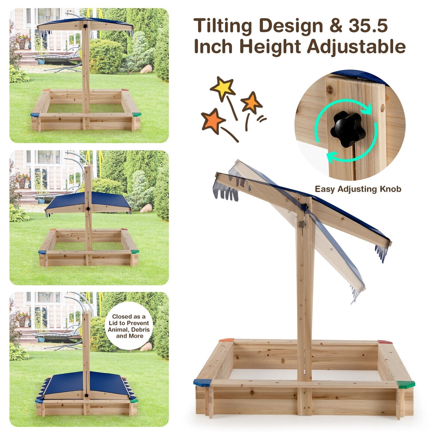Kids Wooden Sandbox with Height Adjustable and Rotatable Canopy- (Unassembled)
