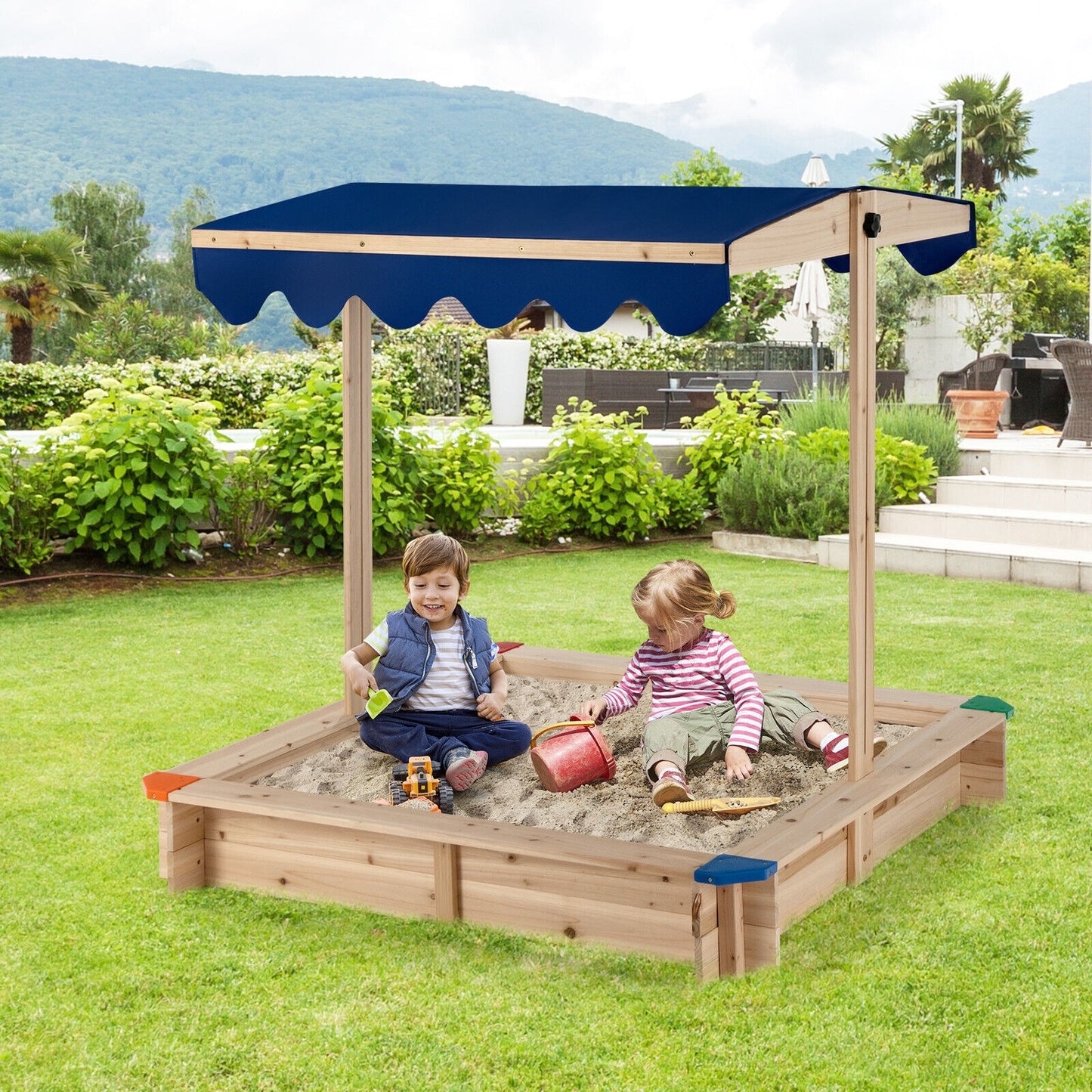 Kids Wooden Sandbox with Height Adjustable and Rotatable Canopy- (Unassembled)