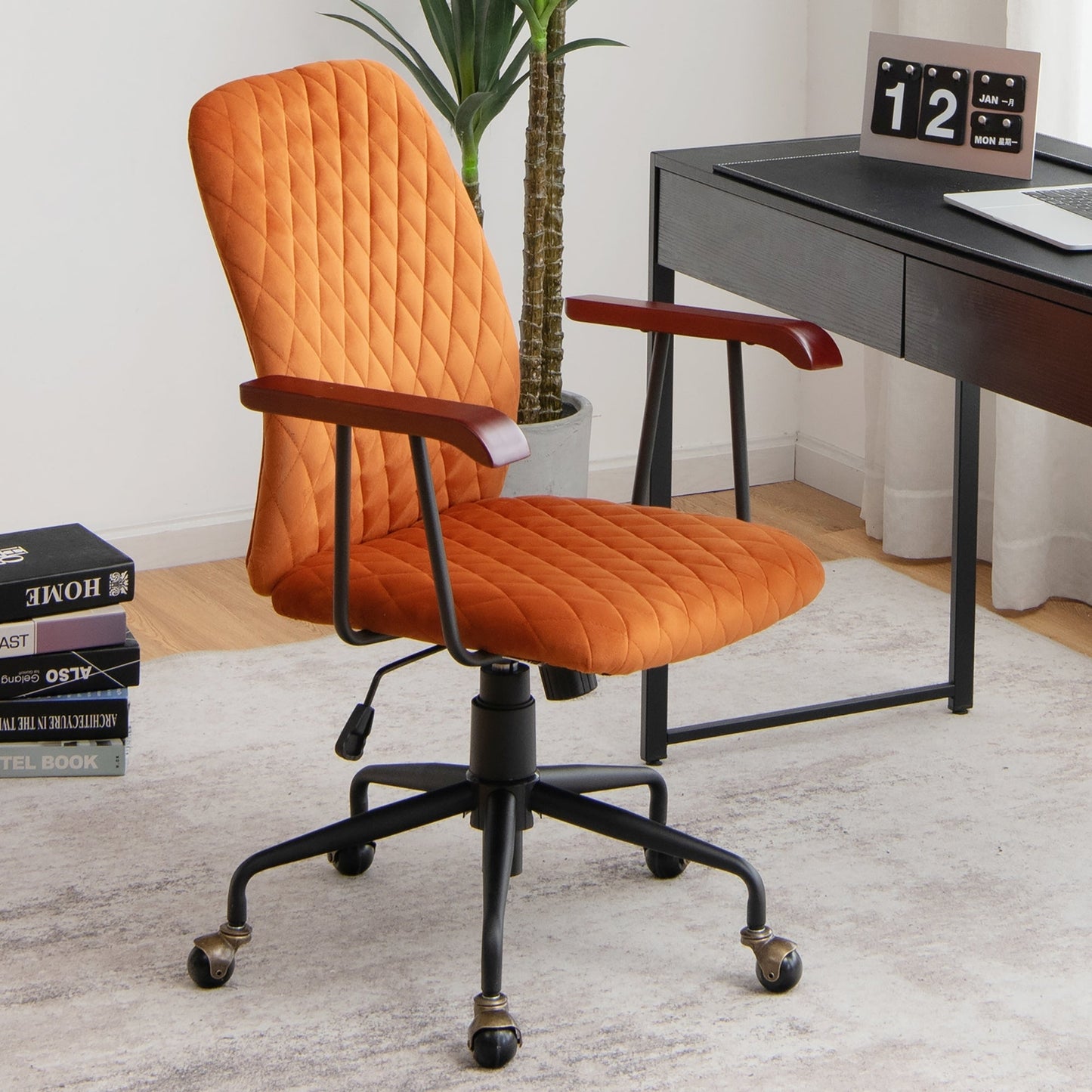 SPECIAL - Velvet Home Office Chair with Wooden Armrest - Orange (Shipping Damage)