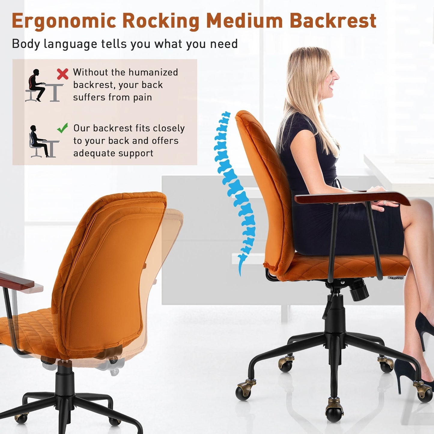 SPECIAL - Velvet Home Office Chair with Wooden Armrest - Orange (Shipping Damage)