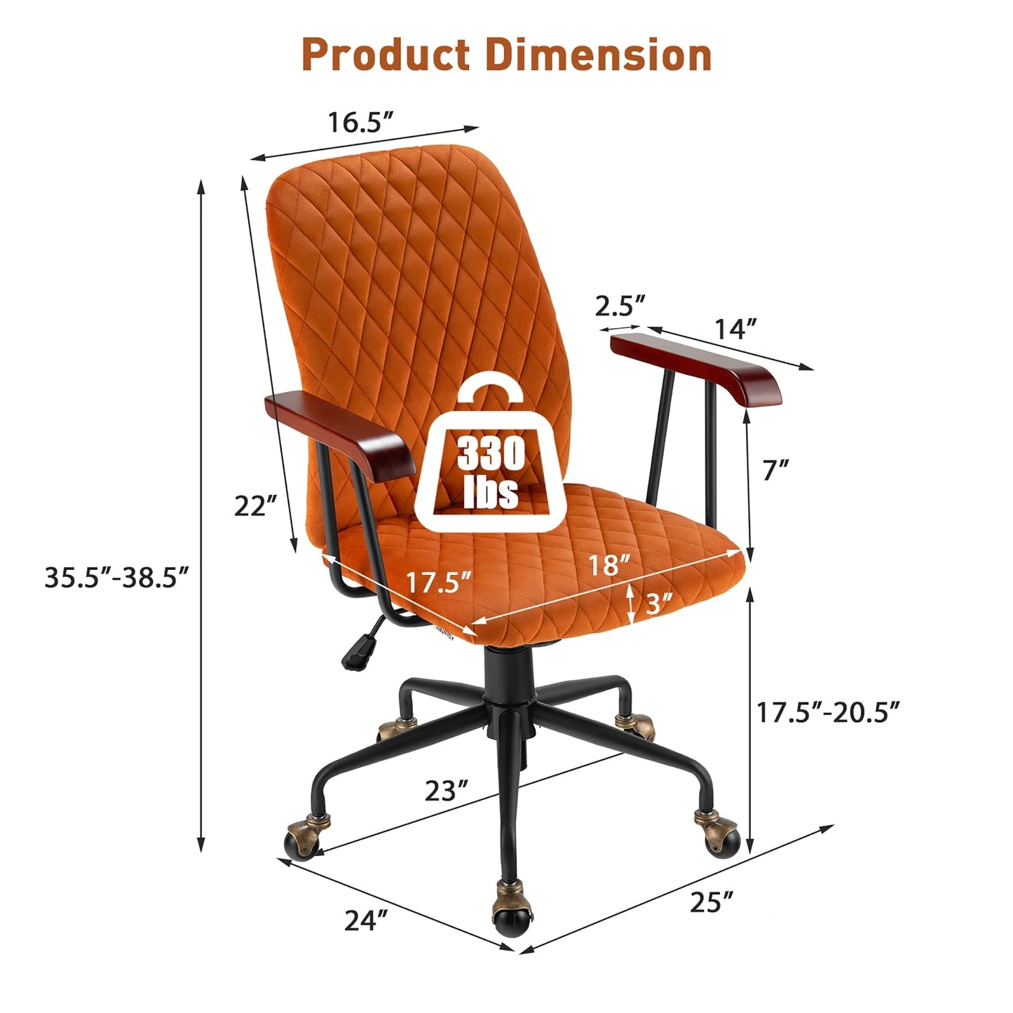 SPECIAL - Velvet Home Office Chair with Wooden Armrest - Orange (Shipping Damage)