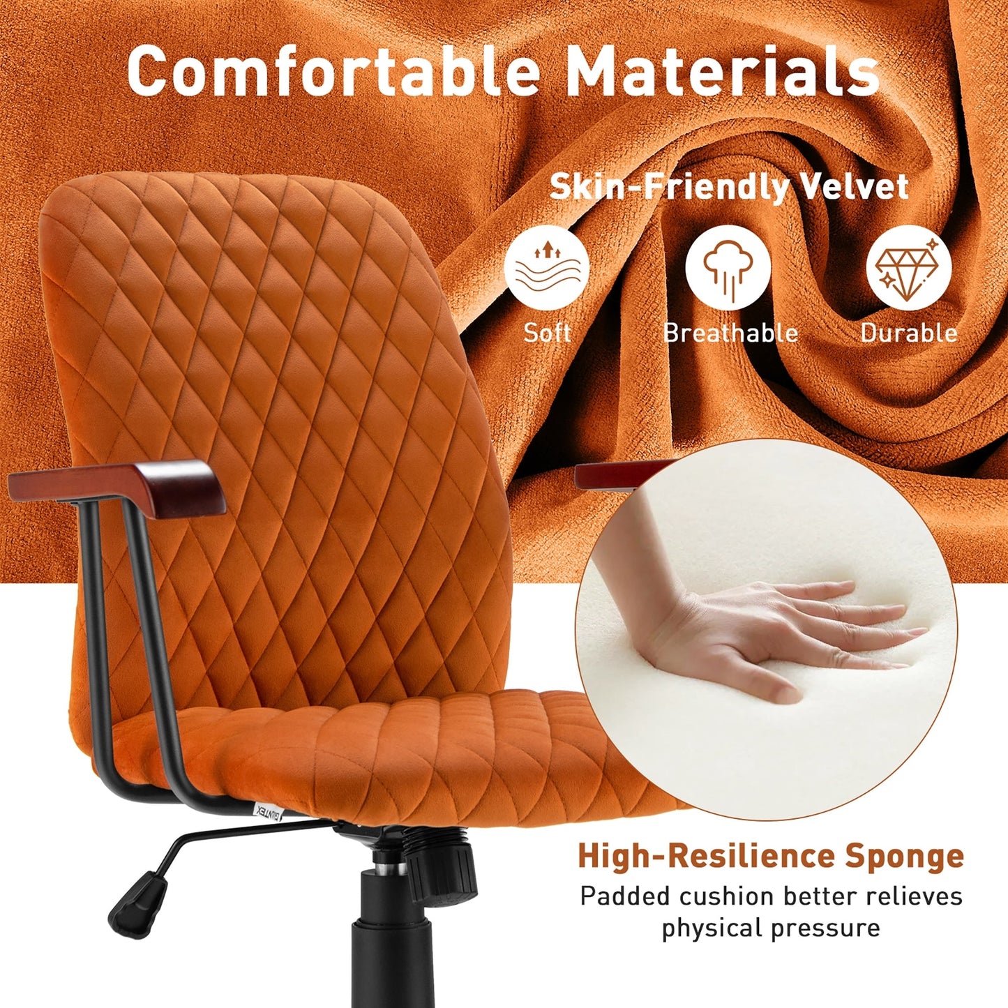 SPECIAL - Velvet Home Office Chair with Wooden Armrest - Orange (Shipping Damage)