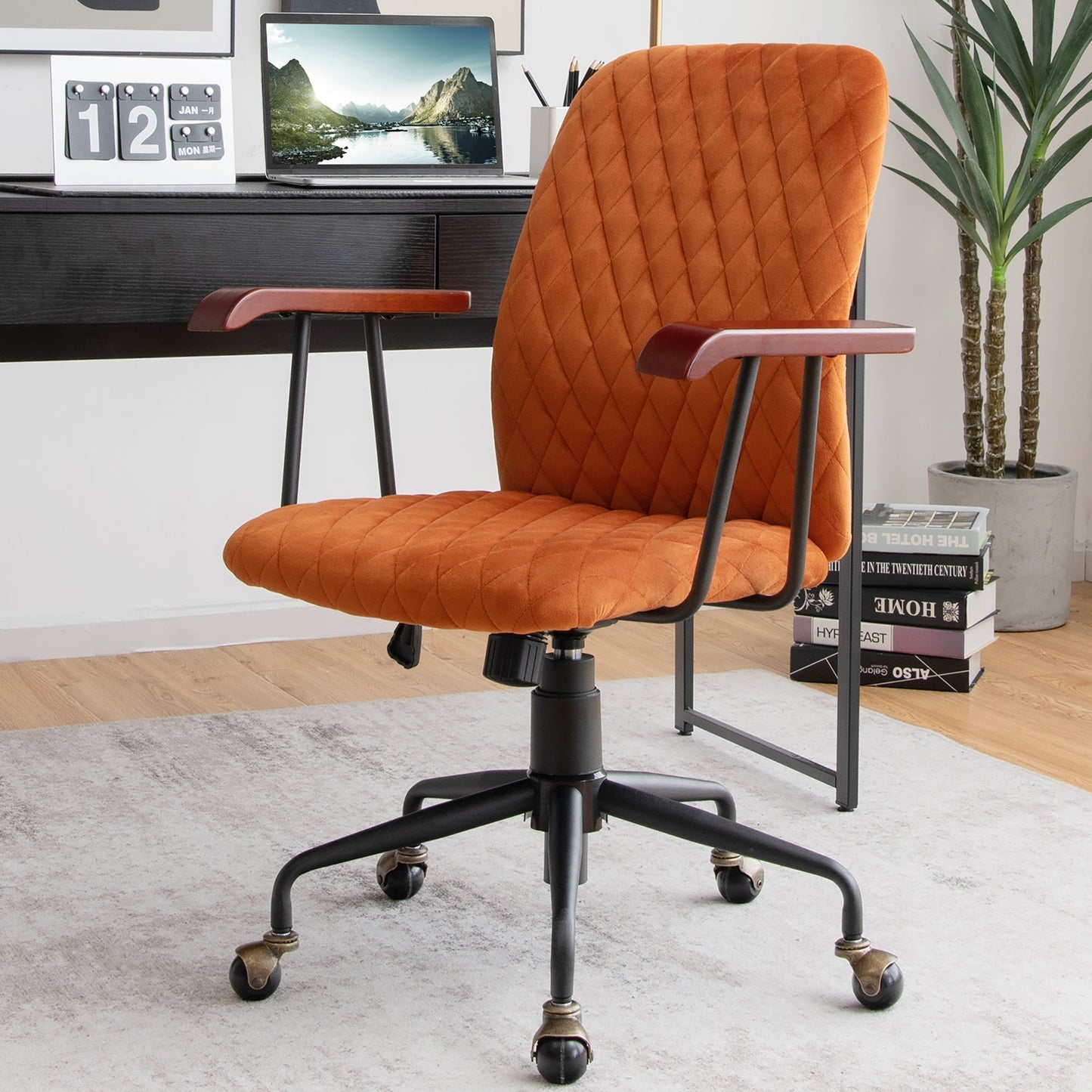 SPECIAL - Velvet Home Office Chair with Wooden Armrest - Orange (Shipping Damage)