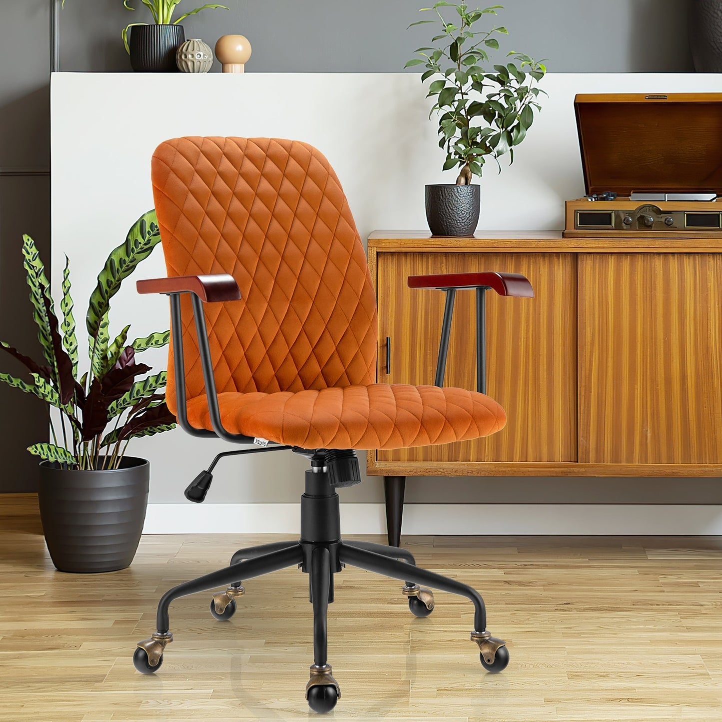SPECIAL - Velvet Home Office Chair with Wooden Armrest - Orange (Shipping Damage)