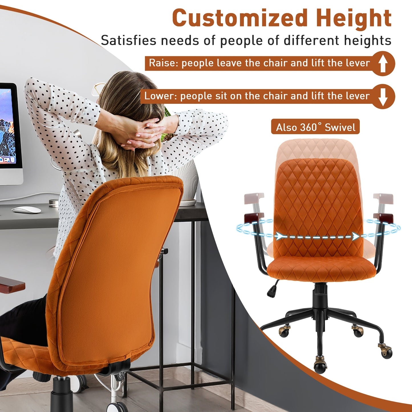 SPECIAL - Velvet Home Office Chair with Wooden Armrest - Orange (Shipping Damage)